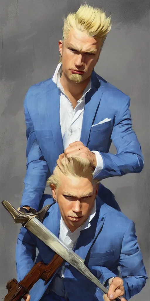 Image similar to greg manchess portrait painting of a blond man in a blue suit with a sword and a pistol, asymmetrical, profile picture, organic painting, sunny day, matte painting, bold shapes, hard edges, street art, trending on artstation, by huang guangjian, gil elvgren, ruan jia, randy vargas, greg rutkowski