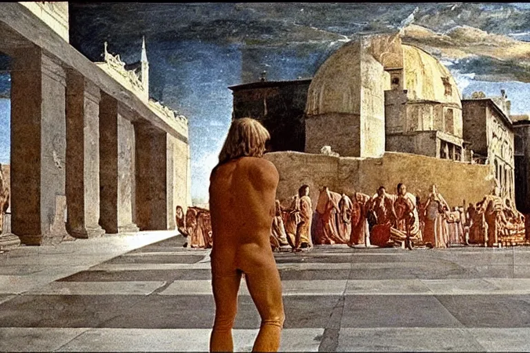 Prompt: a scene from the movie la felicita ( 1 9 7 1 ) by luchino visconti with mastroianni entering a scifi!!!! city reminiscent of the ideal city by piero della francesca. technicolor, cinematic, 5 0 mm, highly detailed