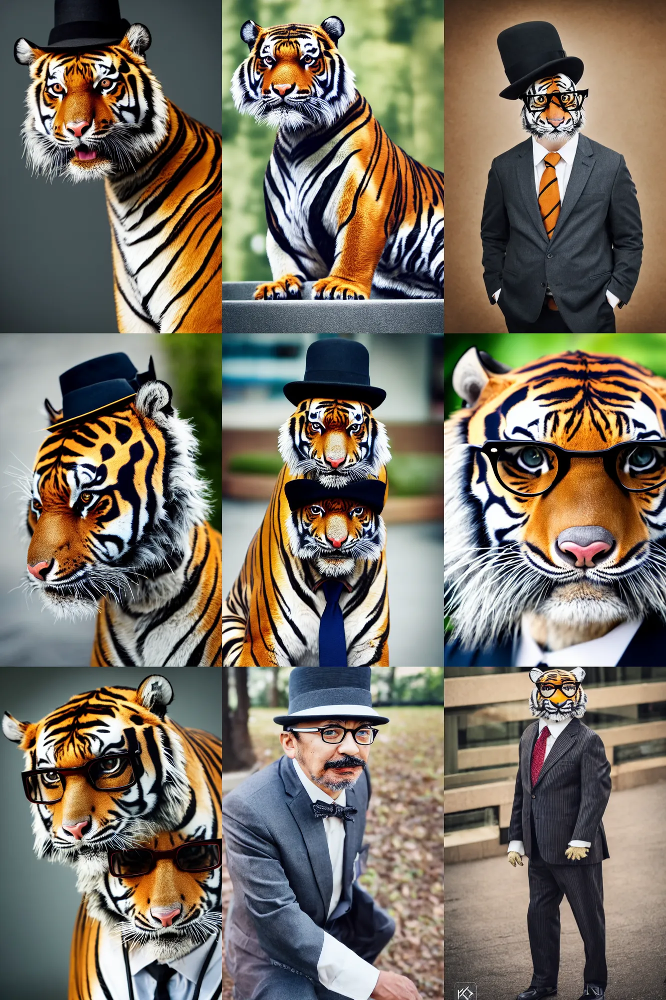 Prompt: high quality 3/4 length portrait photo of an !older tiger! wearing a business suit and tie, wearing a bowler hat, !!wearing glasses!!, !Anthropomorphic!, photography 4k, f1.8 bokeh, 4k, 85mm lens, sharp eyes, looking at camera