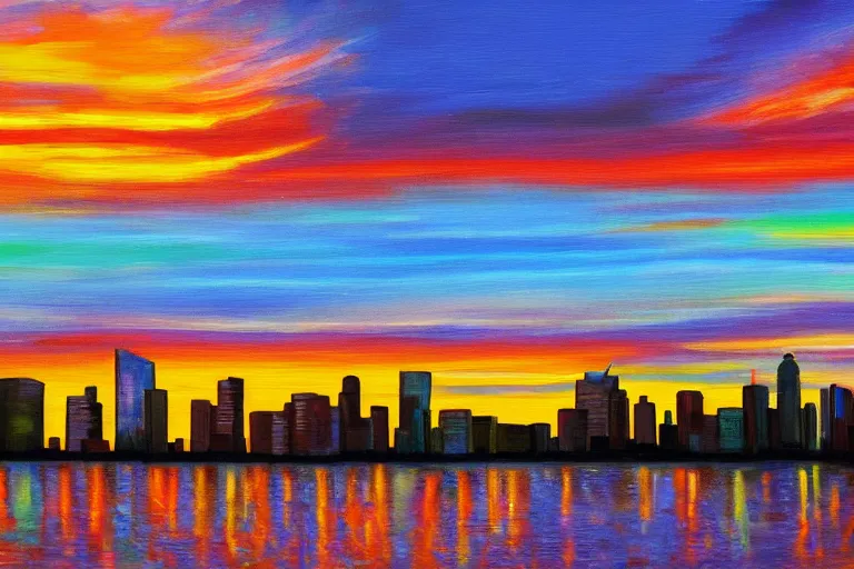 Prompt: winnipeg skyline, sunset, vivid colors, painting by ay jackson, 4 k