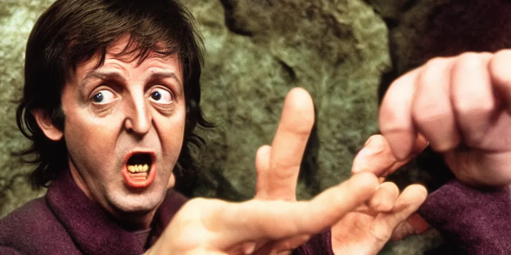 Prompt: A full color still of Paul McCartney dressed as a hobbit inside a dark house, examining his palm, directed by Stanley Kubrick, 35mm, 1970