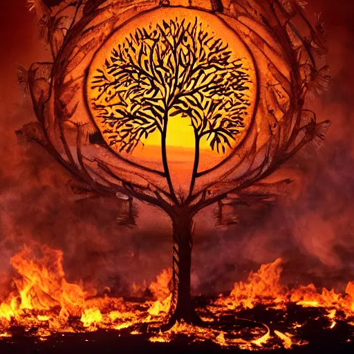Prompt: photograph of the tree of life is scorched from the fire of human innovation
