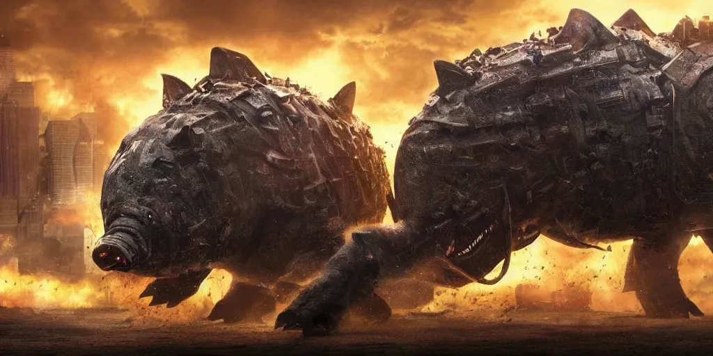 Image similar to beautiful extreme wide photo of an enormous mechanized metal pig kaiju destroying a philidelphia, cinematic, in the style of a hollywood blockbuster monster movie