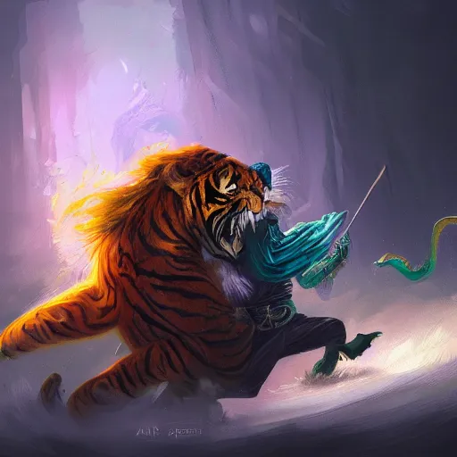 Image similar to A Wizard battling a Tiger, digital art, masterpiece; trending on ArtStation; by MotG digital painting by R.J. Palmer; by Anato Finnstark