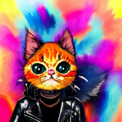 Image similar to wide angle full body, jacket wearing fluffy cute rainbow kitten wearing a black leather motorcycle jacket, cinematic concept art