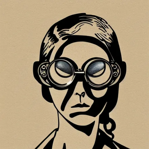 Image similar to tattooed stoic heroic emotionless dirty butch blonde woman engineer with very short slicked - back hair, uncomfortable awkward and anxious, wearing dark - lensed victorian goggles, wearing flight suit, moebius, rough paper, smooth median photoshop filter cutout vector, moebius, behance hd