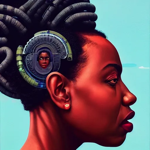 Image similar to portrait of a black woman :: side profile :: blood :: background sea :: intricate details :: oxygen implant :: 8k :: simon stalenhag and Sandra Chevrier