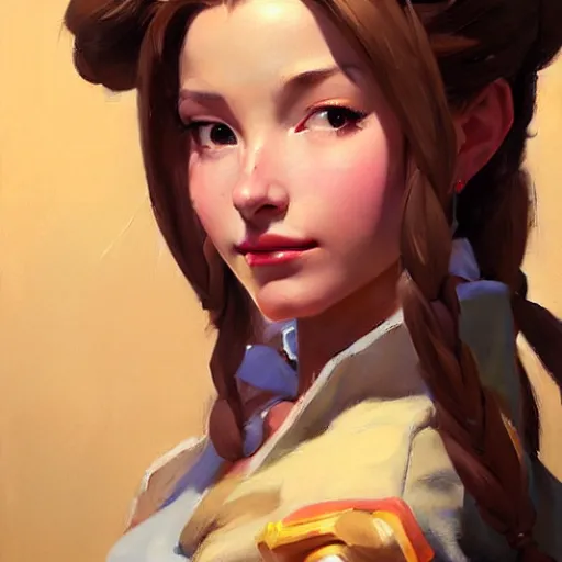 Image similar to Greg Manchess portrait painting o Aerith Gainsborough as Overwatch character, medium shot, asymmetrical, profile picture, Organic Painting, sunny day, Matte Painting, bold shapes, hard edges, street art, trending on artstation, by Huang Guangjian and Gil Elvgren and Sachin Teng