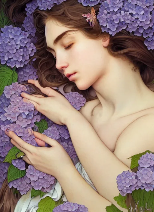 Image similar to a photographic portrait of a seductive sleeping anthropomorphic hydrangea blossom with a perfect face, fantasy, wind blowing hair, intricate, elegant, very very highly detailed, digital painting, artstation, concept art, smooth, super sharp focus, illustration, art by artgerm and h r giger and alphonse mucha
