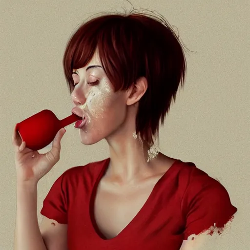 Image similar to epic portrait a drunk women drinking honey from a big wooden cup, Red nose, freckles, beauty, pretty face, glossy skin, red bang hair, white blouse with short sleeves, digital painting, artstation, concept art, soft light, hdri, smooth, sharp focus, illustration, fantasy, intricate, elegant, highly detailed, D&D, matte painting, in the style of Greg Rutkowski and Alphonse Mucha and artemisia, 8k, highly detailed, jurgens, rutkowski, bouguereau, pastoral, rustic, georgic