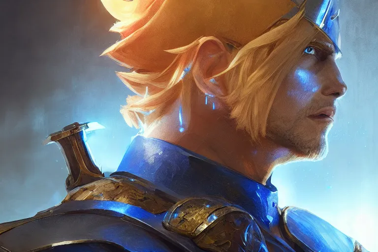 Image similar to closeup portrait of a blonde man in a blue suit with piercing armor with his sword, d & d, heartstone, digital painting, volumetric light, intricate, sharp, focus, bloom, illustration, highly detailed, concept art, matte, ruan jia, randy vargas, greg rutkowski