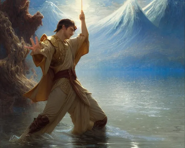 Image similar to attractive male wizard casting powerful giant tsunami spell in a beautiful lake. highly detailed painting by gaston bussiere, craig mullins, j. c. leyendecker 8 k