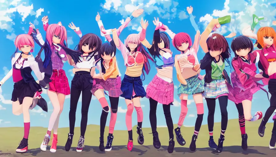 Image similar to group of cute anime characters jumping, colorful outfits, realistic face, detailed face, detailed eyes, short miniskirts, lightly dressed, ultra detailed digital art, hyper real, detailed, group photo, ultra detailed, ground up angle