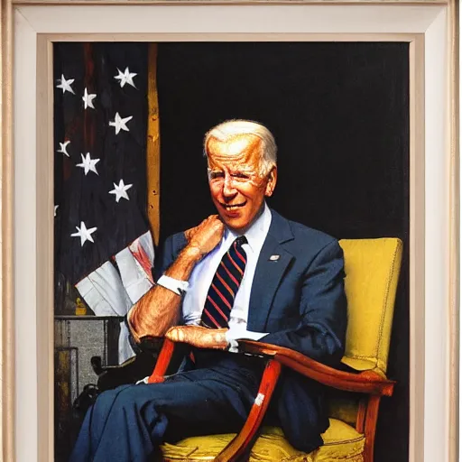 Prompt: a portrait painting by Norman Rockwell of Joe Biden sitting in a chair. Cozy fire. two Legs apart