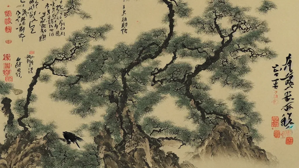 Image similar to a shui - mo painting of over a tree wreathed with vines fly evening crows, under a small bridge near a cottage a stream flows, a lean horse goes on bridge, sunset, by pan tianshou : 2