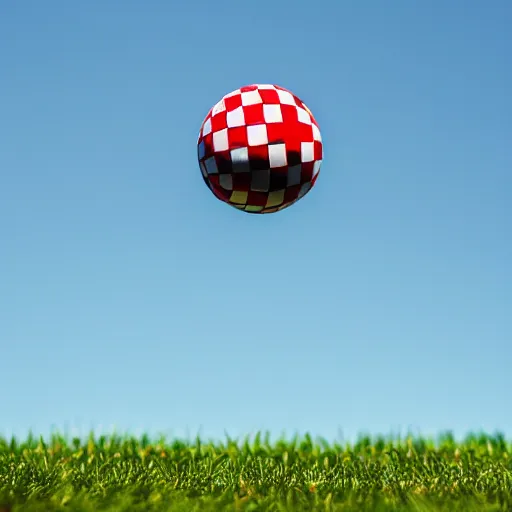 Prompt: a red and white spherical checkered ball bouncing with a blue sky background