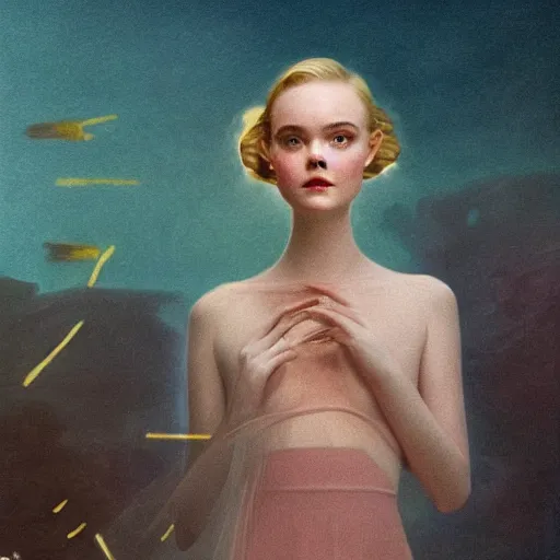 Image similar to Elle Fanning, head and shoulders masterpiece, in rapture, golden hour, underwater, art-station, in the style of Art Deco and Edward Hopper and Bosch, extremely detailed