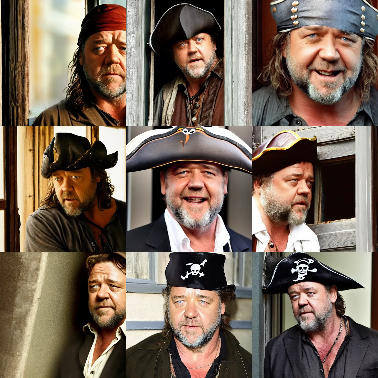 Prompt: russell crowe wearing a pirate hat behind a window staring towards the camera