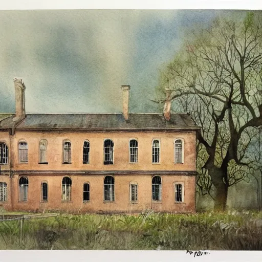 Prompt: front view of overgrown denbigh asylum aka the north wales hospital, full color, hyperrealistic, nice colour scheme, soft warm colour. studio gibli. beautiful detailed watercolor by lurid