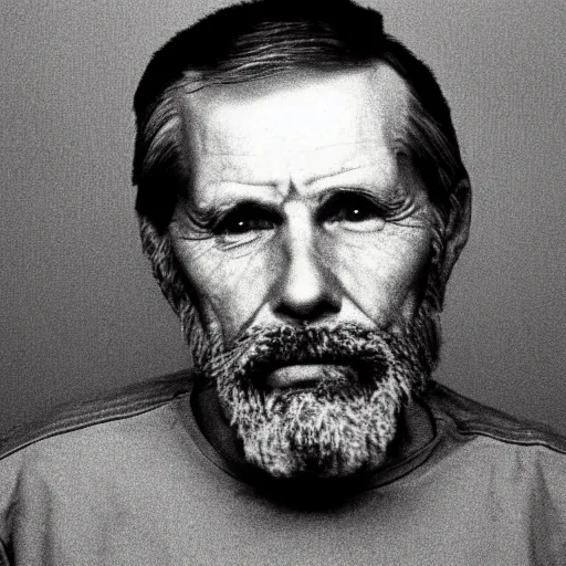Image similar to A mugshot portrait of a old man who looks like Jerma985 with a mid-length horseshoe haircut with a beard, wearing mid-1980s menswear in the late 2008, taken in the late 2010s, grainy, realistic, hyperrealistic, very realistic, highly detailed, very detailed, extremely detailed, detailed, trending on artstation, front facing, front view, headshot and bodyshot, detailed face, very detailed face