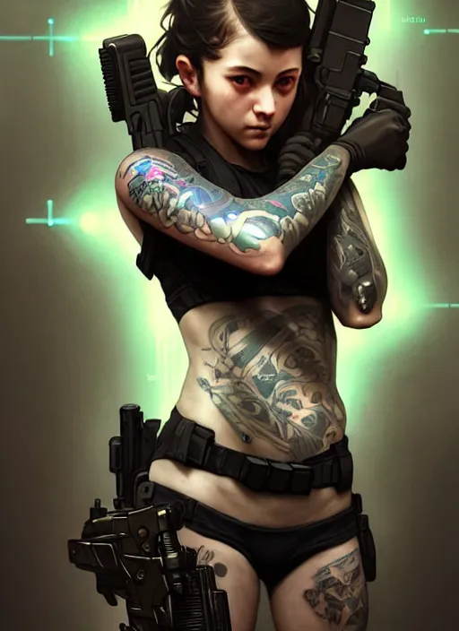 Image similar to girl covered with tattoos wearing tactical gear, intricate lights, bio luminescent, plasma, by ruan jia and artgerm and range murata and wlop and ross tran and william - adolphe bouguereau and beeple. key art. fantasy illustration. award winning, artstation, intricate details, realistic, hyperdetailed, 8 k resolution.