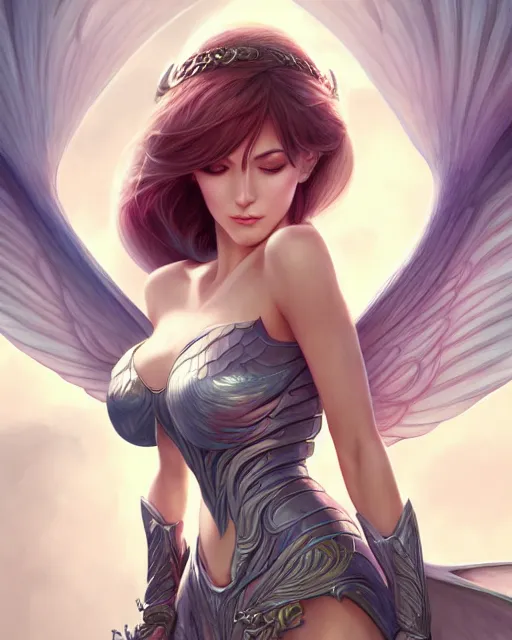 Image similar to 3 / 4 view of woman with wings, confident pose, pixie character, video game genshin impact, cell shaded anime intricate, elegant, sharp focus, illustration, highly detailed, concept art, matte, magali villeneuve, artgerm, anime, trending on artstation