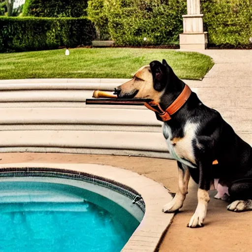 Prompt: a very detailed photo of a dog smoking a cigar outside the mansion by the pool