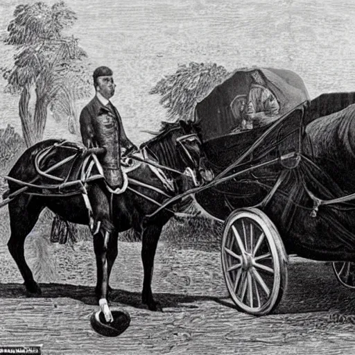 Image similar to a horse pulling a harnessed towed canon