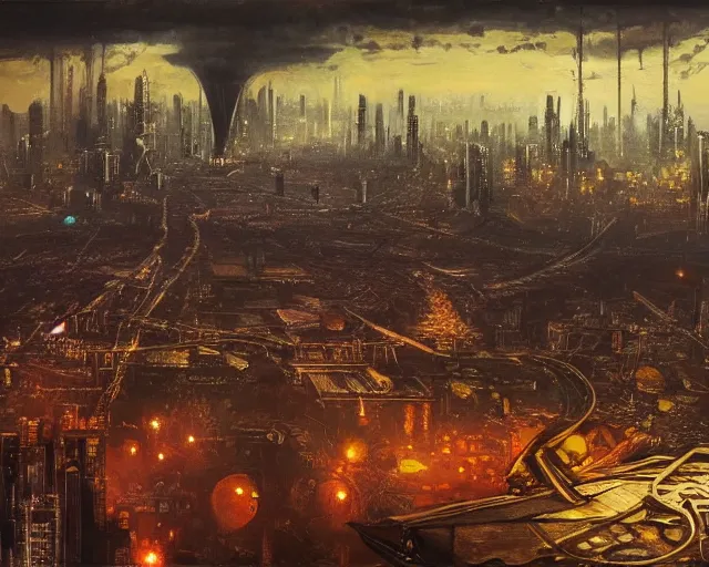 Image similar to oil painting of a big steampunk zeppelin over cyberpunk london, futuristic watchtower, view from far away, dark vibes, very serous painting, majestice masterpiece, tonalism