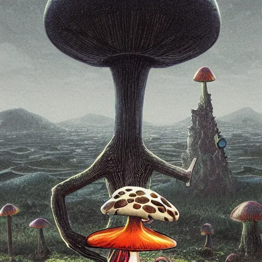 Prompt: A centered chest up portrait of a psychedelic godlike anthropomorphic frog smoking a hand-rolled cigarette , magic mushroom village in background . award winning. superb resolution. in the art style of junji Ito and greg rutkowski . Detailed Mushroom city in background. Hyper realistic anime. Perfect art. Dalle2