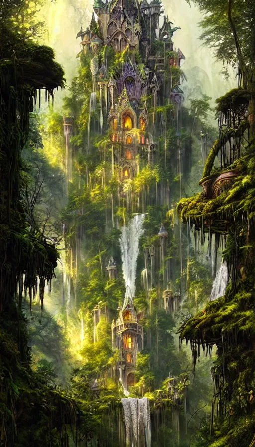 Image similar to fairy palace, castle towers, sunbeams, gothic towers, Japanese shrine waterfall, gold and gems, gnarly details, lush vegetation, forest landscape, painted by tom bagshaw, raphael lacoste, eddie mendoza, alex ross concept art matte painting