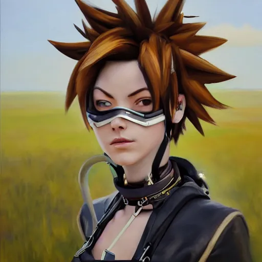 prompthunt: beautiful oil painting of tracer from the game overwatch in the  style of mark arian, standing alone in grassy field, smiling while the sun  shines down, feminine face, light rays, radiant