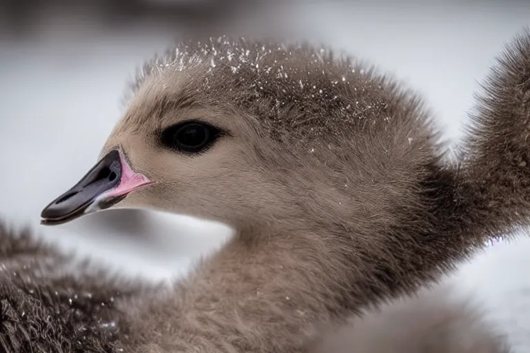 Image similar to closeup of cute baby goose in mystical magic snowy forest, award - winning photograph, cinematic scene, studio lighting, hyperrealism