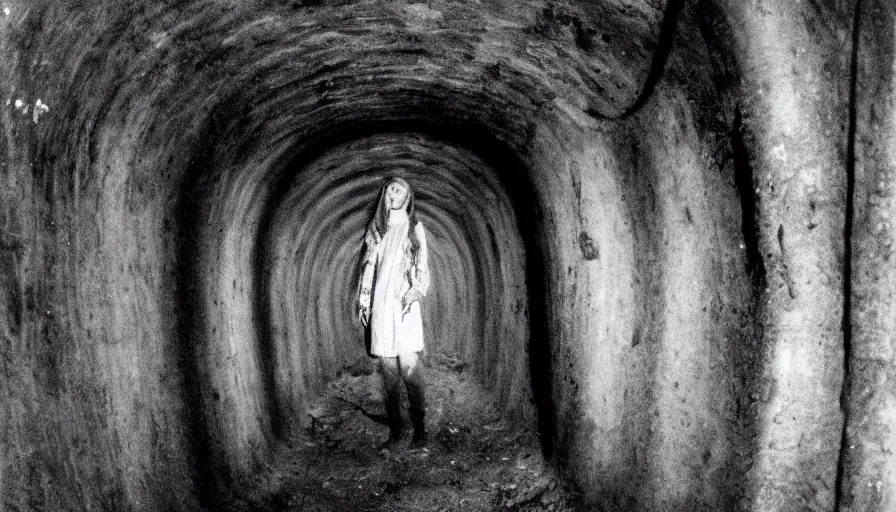 Prompt: portrait of a white female phantom with a root fingers in an empty soviet tunnel, early black and white 8mm, heavy grain, low quality,