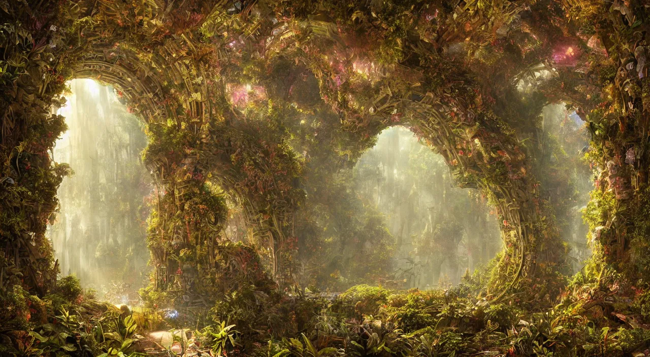 Prompt: ancient structure, large illuminated gateway, fractal structure, cellular biology, thick forest, many flowers by glenn small, by ernst haeckel, by albert bierstadt, photorealistic, zaha hadid, god rays, volumetric lighting, detailed, intricate, delicate, raytrace, octane, light fog, neon, bladerunner