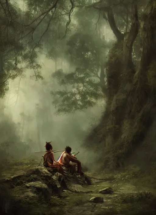 Image similar to sun wukong sitting alone in the melancholy forest. andreas achenbach, artgerm, mikko lagerstedt, zack snyder, tokujin yoshioka