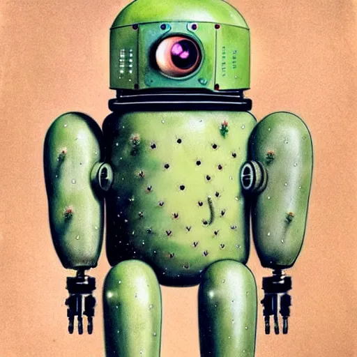 Prompt: medium shot 1950s retro cactus robot, Bionic Arms and eyes. muted colours. by Jean-Baptiste Monge