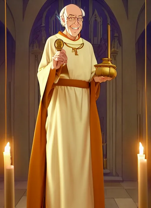 Image similar to pail as a priest wearing robes. holding golden candlestick, in a monestry natural lighting, path traced, highly detailed, high quality, digital painting, by don bluth and ross tran and studio ghibli and alphonse mucha, artgerm