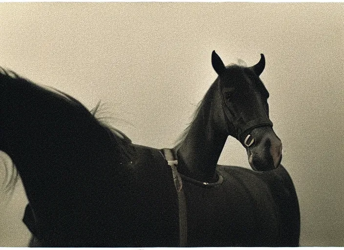 Prompt: an underexposed kodak 500 photograph of a horse with an insect head in the mist, muted color