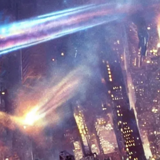 Image similar to Starship falling from tje sky on New York city, still from latest Michael Bay sci-fi movie