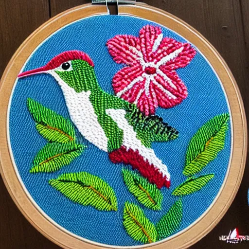 Prompt: hummingbird embroidery,