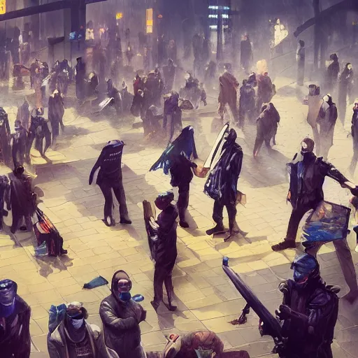 Prompt: protesters holding placards, detailed digital illustration by greg rutkowski, cyberpunk, android netrunner