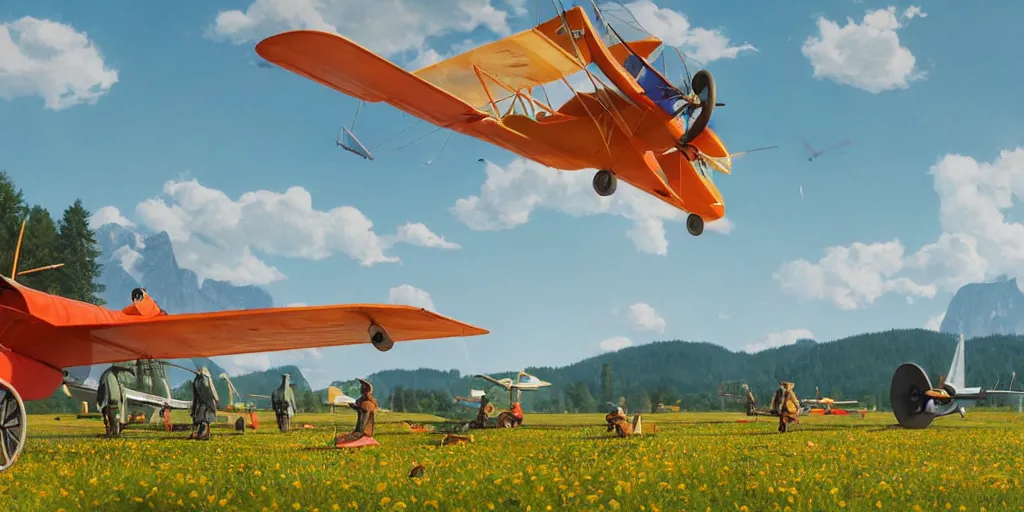 Image similar to a ultra photorealistic and sharp film still of an a sunny and colourful airfield in 1 9 1 6 in the middle of the bavarian alps, germany. wide shot, frog perspective, wes anderson, studio ghibli, pixar and disney animation, octane render, anime key art by greg rutkowski, dramatic lighting, award winning photography