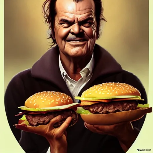 Prompt: portrait of jack nicholson eating hamburgers, extra onions and ketchup, luscious patty with sesame seeds, feminine ethereal, handsome, d & d, fantasy, intricate, elegant, highly detailed, digital painting, artstation, concept art, matte, sharp focus, illustration, art by artgerm and greg rutkowski and alphonse mucha