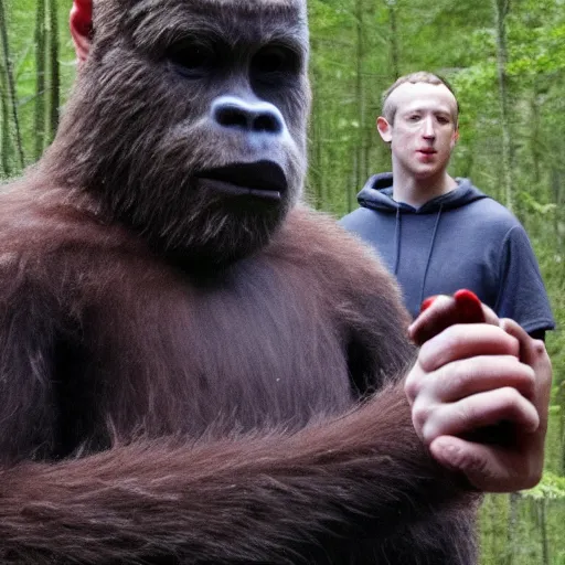 Prompt: trail cam footage mark zuckerberg caught selling drugs to bigfoot, extremely incriminating evidence, photo credit the associated press