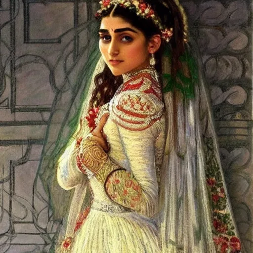 Image similar to full body portrait of a beautiful Kurdish bride wearing a beautiful wedding dress, very detailed eyes, hyperrealistic, beautiful and symmetrical face, very detailed painting by Claude Monet and Alphonse Mucha, ornate, trending on artstation, extremely high detail, incredibly intricate