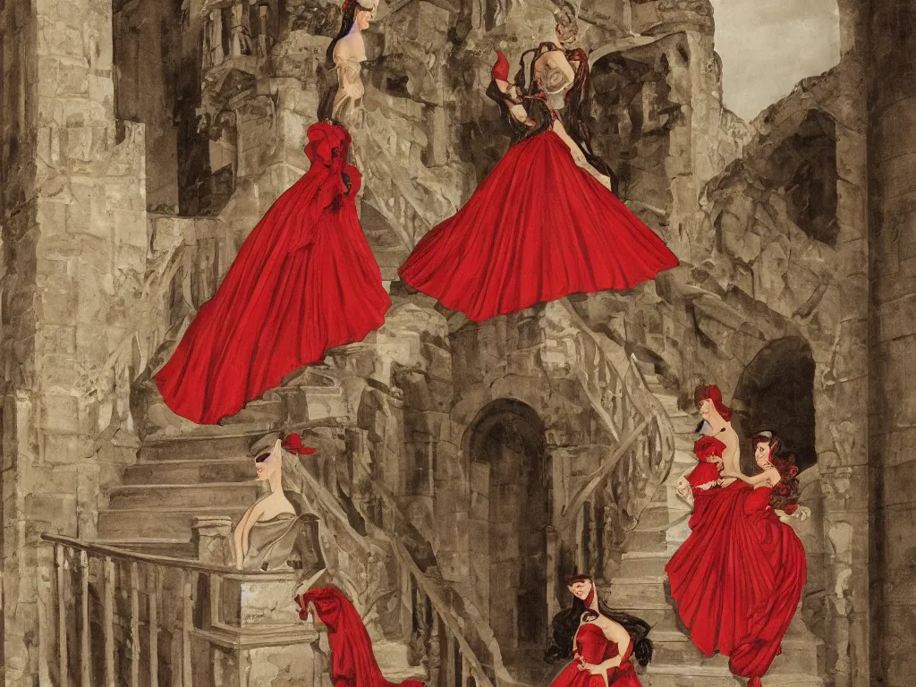 Image similar to An impressive castle entrance, a beautiful woman wearing a red dress, coming down the stairs, sided by two fierce Dobermans, painted by Desiderio Monsu