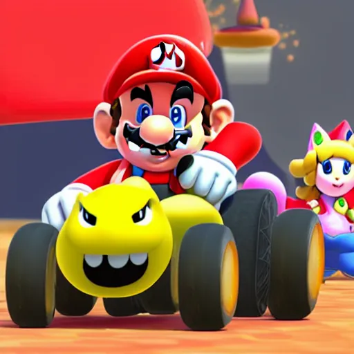 Prompt: a beautiful blender of mario and cat peach, in mario kart