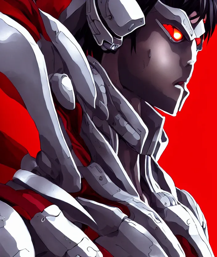 Image similar to a detailed manga character illustration of a dark haired silver cyborg anime man with a red cape, trending on artstation, digital art, 4 k resolution, detailed, octane render, high quality, sharp focus, hq artwork, insane detail, concept art, character concept, character illustration, full body illustration, cinematic, dramatic lighting