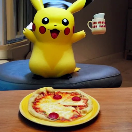 Image similar to Pikachu having tea with pizza.